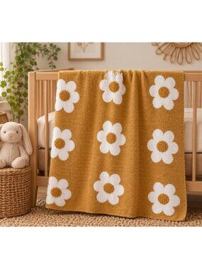 Creative Co-Op Baby Blanket Terracotta White Daisy Tufted 100% Cotton 44x35
